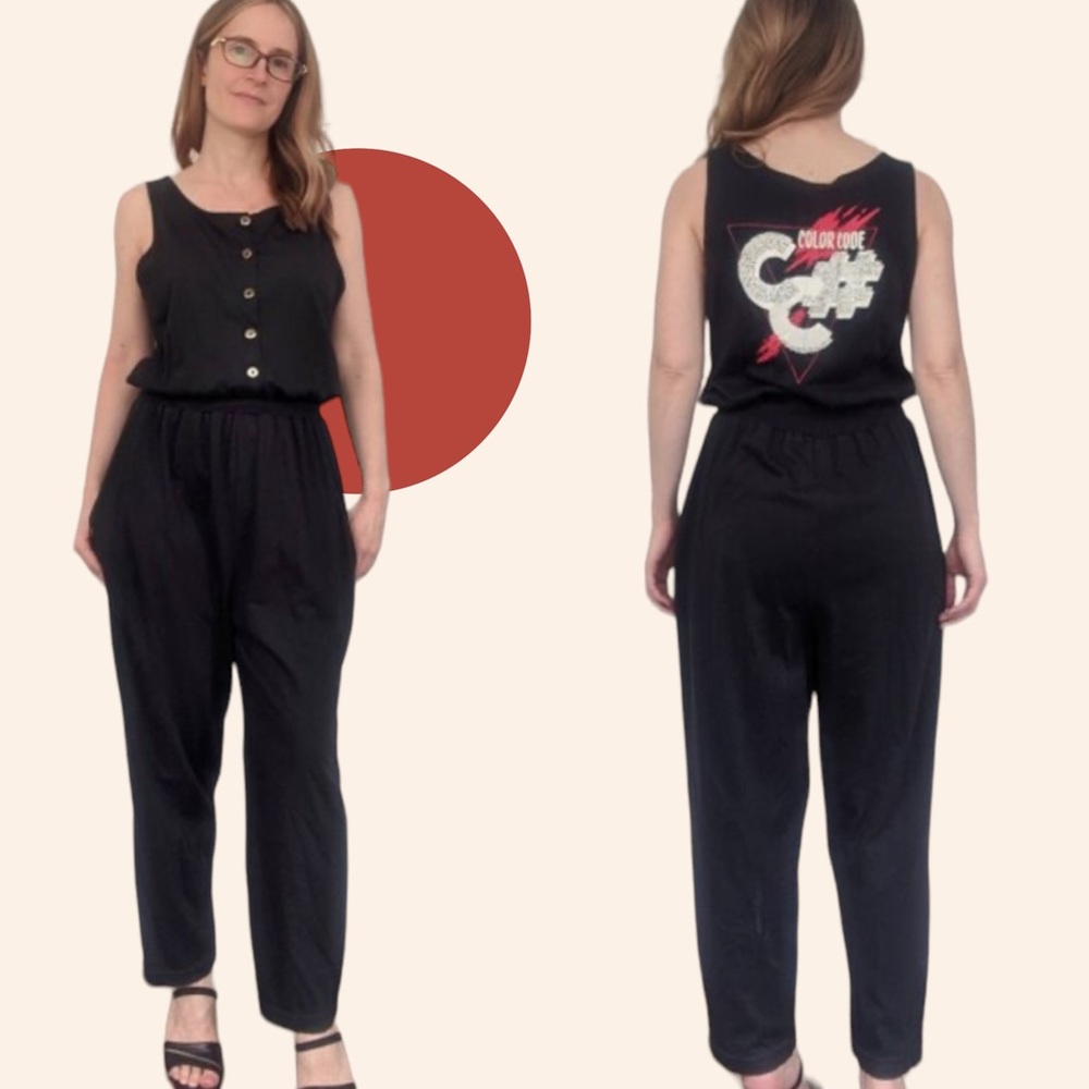 80s Jumpsuit Sleeveless Color Code Black S Vintage